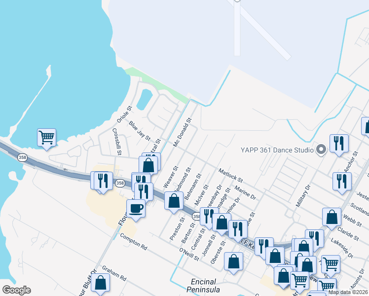 map of restaurants, bars, coffee shops, grocery stores, and more near 846 Weaver Street in Corpus Christi