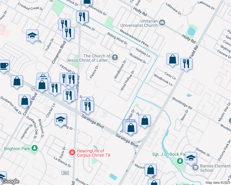 map of restaurants, bars, coffee shops, grocery stores, and more near 6826 Windy Creek Drive in Corpus Christi