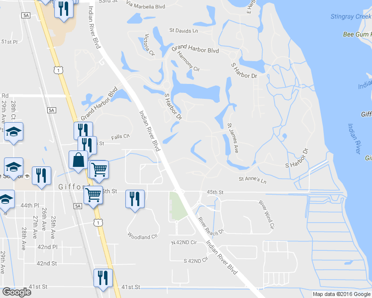 map of restaurants, bars, coffee shops, grocery stores, and more near 1540 Oak Harbor Boulevard in Vero Beach