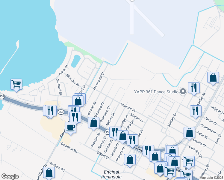 map of restaurants, bars, coffee shops, grocery stores, and more near 829 Redmond Street in Corpus Christi