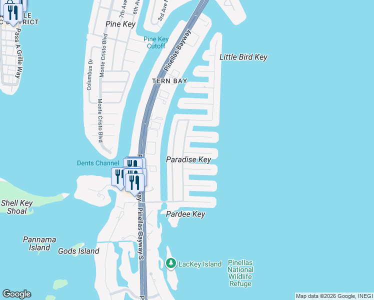 map of restaurants, bars, coffee shops, grocery stores, and more near 853 2nd Avenue South in Tierra Verde