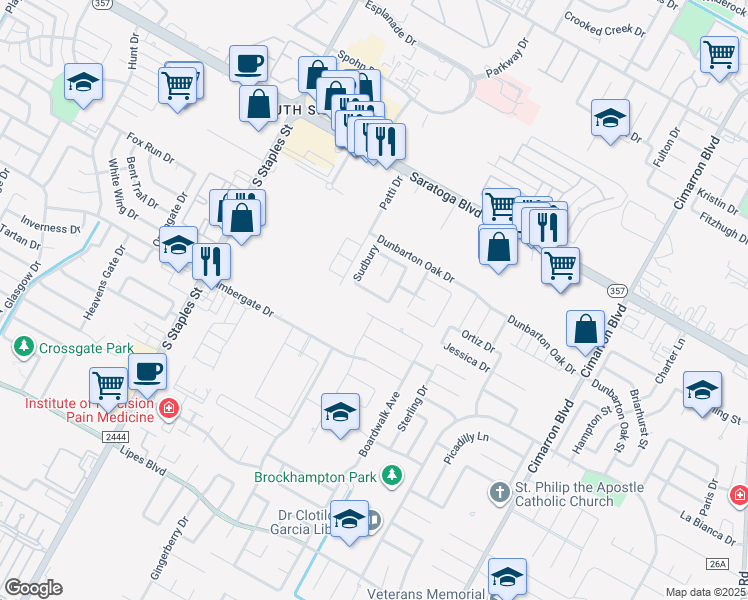 map of restaurants, bars, coffee shops, grocery stores, and more near 5937 Bishops Mill Drive in Corpus Christi