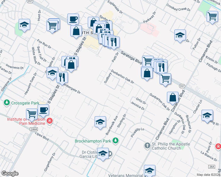 map of restaurants, bars, coffee shops, grocery stores, and more near 5937 Bishops Mill Drive in Corpus Christi