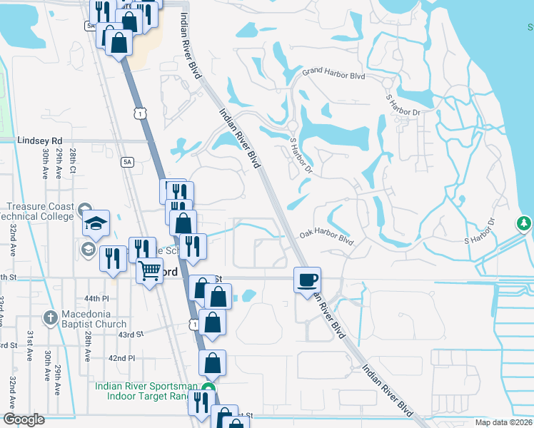 map of restaurants, bars, coffee shops, grocery stores, and more near 2035 Bridgepointe Circle in Vero Beach