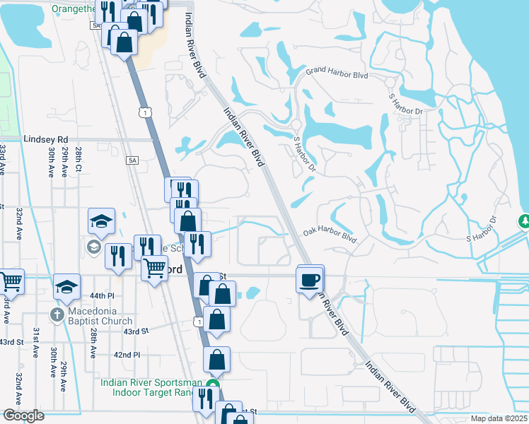 map of restaurants, bars, coffee shops, grocery stores, and more near 2030 Bridgepointe Circle in Vero Beach