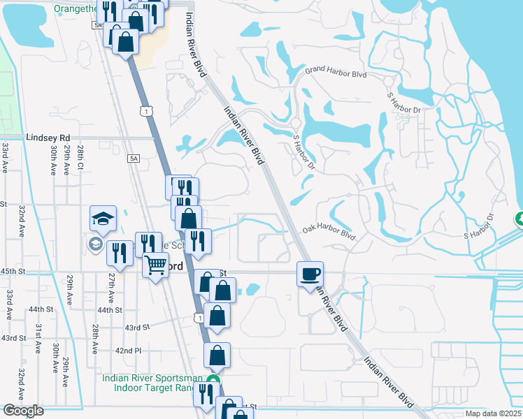 map of restaurants, bars, coffee shops, grocery stores, and more near 2030 Bridgepointe Circle in Vero Beach