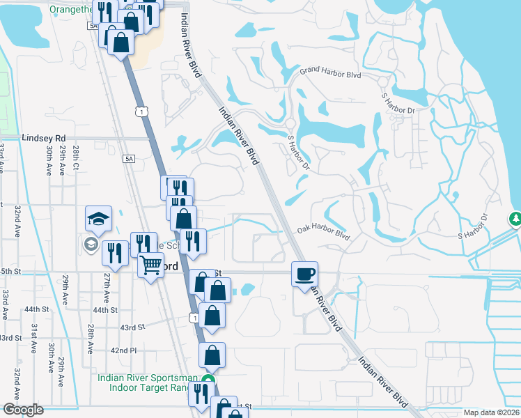 map of restaurants, bars, coffee shops, grocery stores, and more near 2030 Bridgepointe Circle in Vero Beach