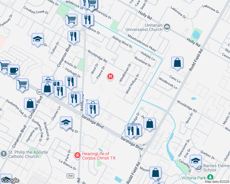 map of restaurants, bars, coffee shops, grocery stores, and more near 6826 Windy Creek Drive in Corpus Christi