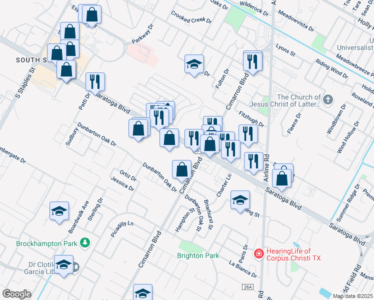 map of restaurants, bars, coffee shops, grocery stores, and more near 6225 Saratoga Boulevard in Corpus Christi