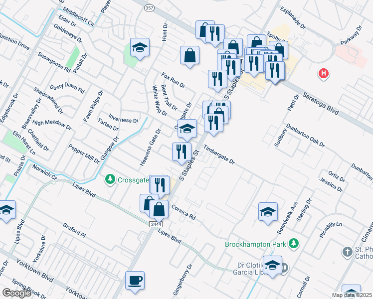 map of restaurants, bars, coffee shops, grocery stores, and more near 6739 South Staples Street in Corpus Christi