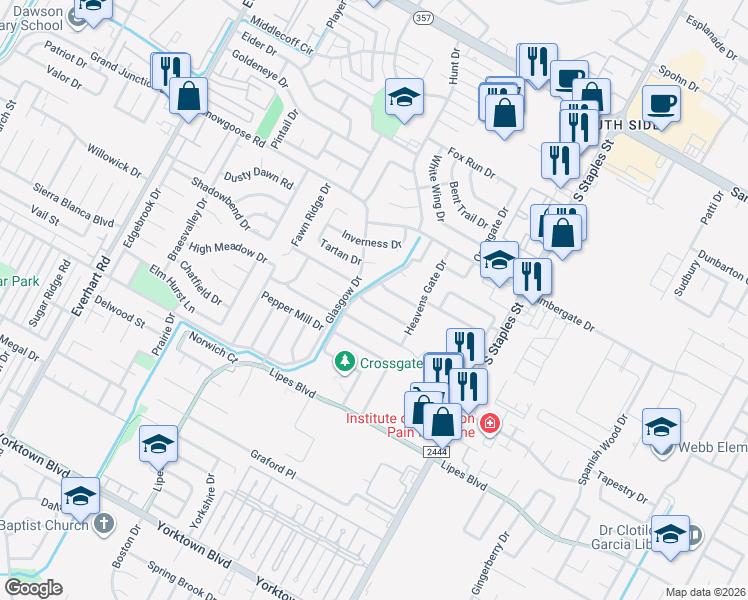 map of restaurants, bars, coffee shops, grocery stores, and more near 6846 Glasgow Drive in Corpus Christi