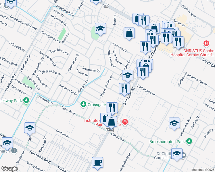 map of restaurants, bars, coffee shops, grocery stores, and more near 6741 Heavens Gate Drive in Corpus Christi