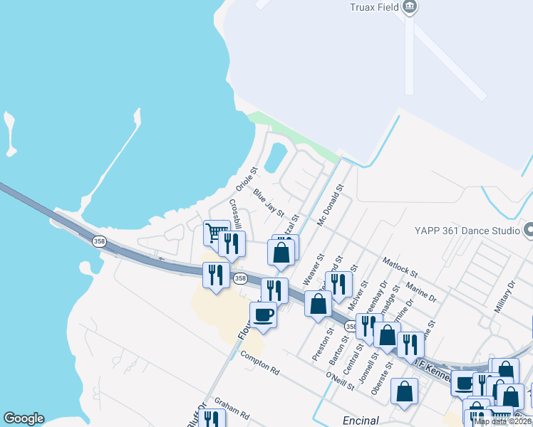 map of restaurants, bars, coffee shops, grocery stores, and more near 9531 Blue Jay Street in Corpus Christi