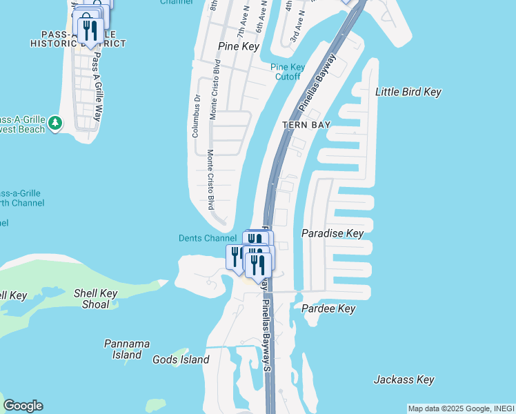 map of restaurants, bars, coffee shops, grocery stores, and more near 910 Pinellas Bayway South in Tierra Verde