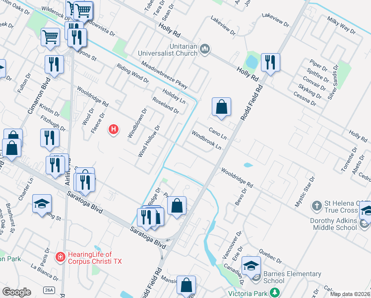 map of restaurants, bars, coffee shops, grocery stores, and more near 2429 Woodway Drive in Corpus Christi