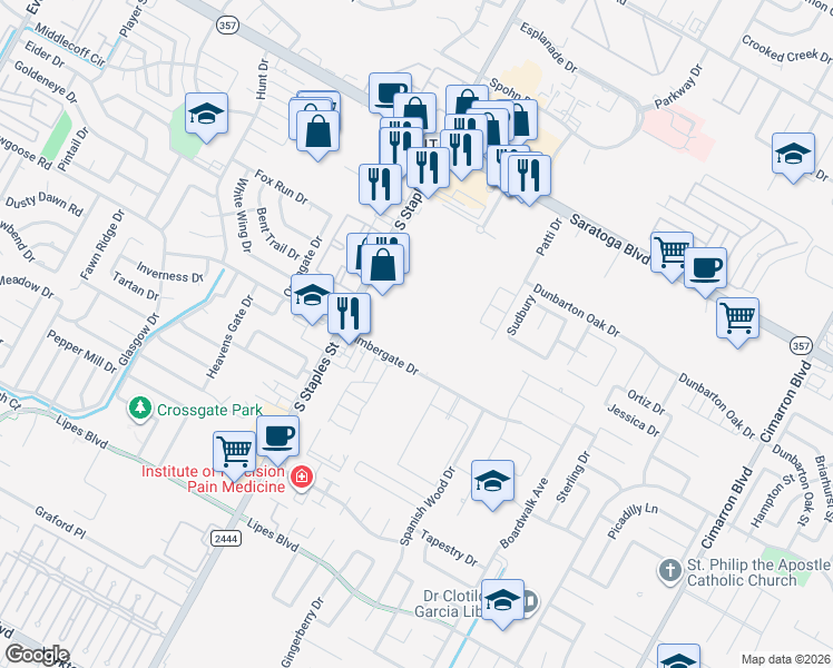map of restaurants, bars, coffee shops, grocery stores, and more near 5702 Timbergate Drive in Corpus Christi