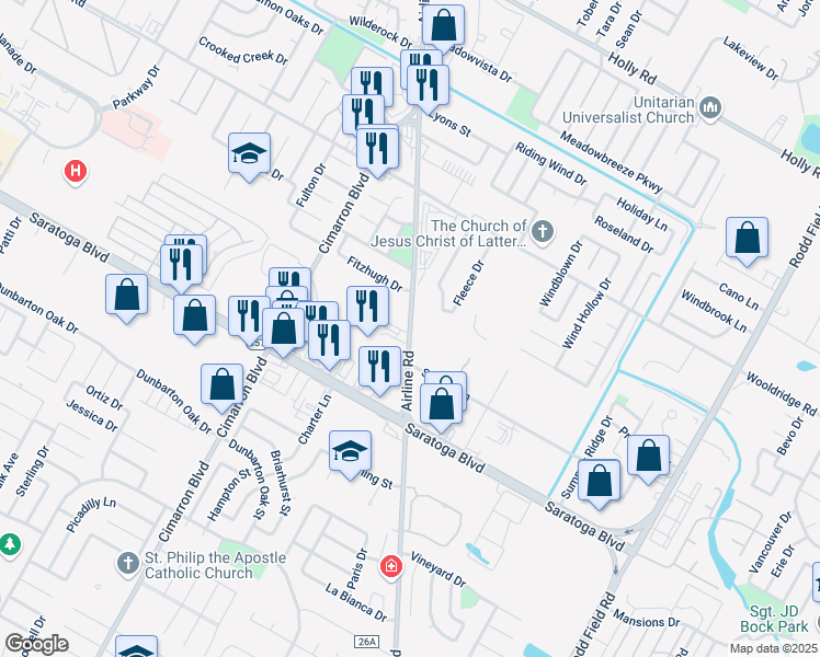 map of restaurants, bars, coffee shops, grocery stores, and more near 2702 Airline Road in Corpus Christi
