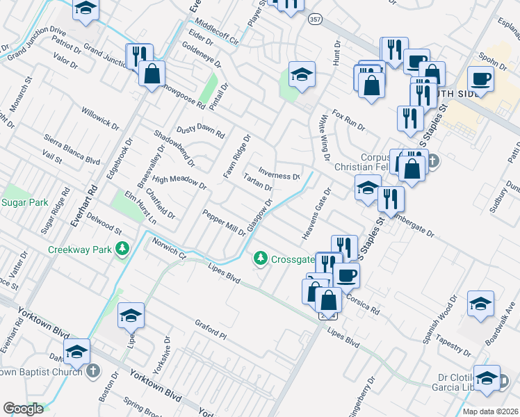 map of restaurants, bars, coffee shops, grocery stores, and more near 6846 Glasgow Drive in Corpus Christi