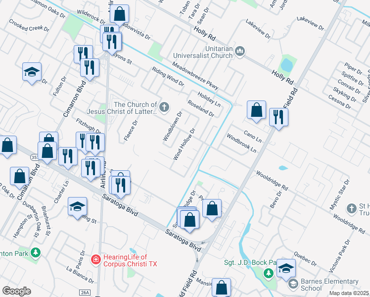 map of restaurants, bars, coffee shops, grocery stores, and more near 2522 Wind Hollow Drive in Corpus Christi