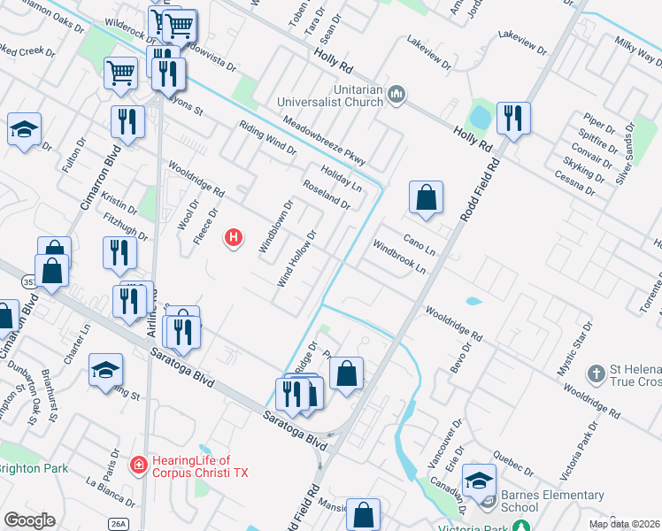 map of restaurants, bars, coffee shops, grocery stores, and more near 2505 Gentle Wind Avenue in Corpus Christi