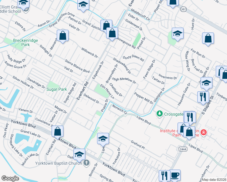 map of restaurants, bars, coffee shops, grocery stores, and more near 4914 Elm Hurst Lane in Corpus Christi
