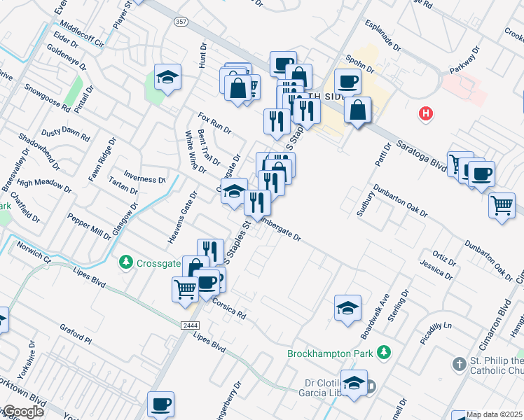 map of restaurants, bars, coffee shops, grocery stores, and more near 6670 South Staples Street in Corpus Christi