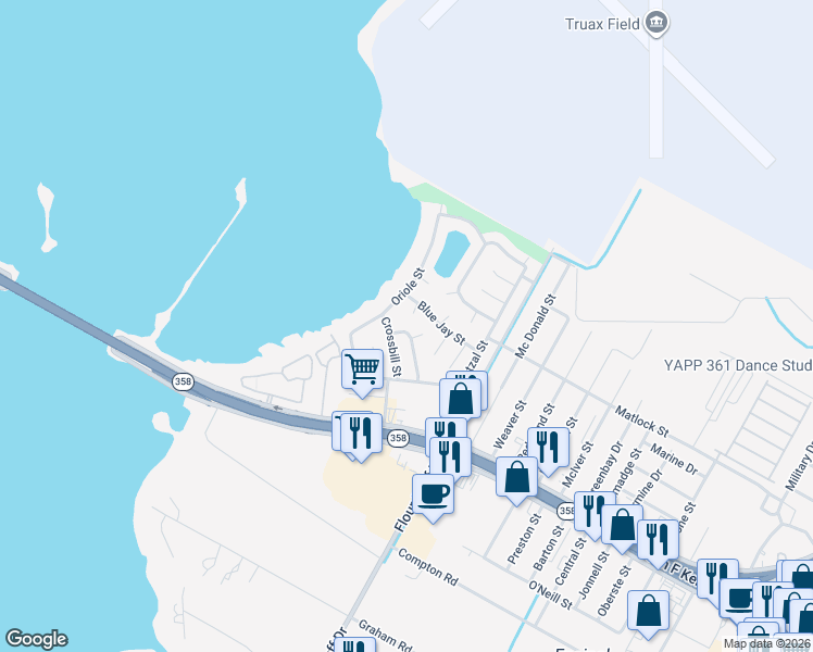 map of restaurants, bars, coffee shops, grocery stores, and more near 901 Crossbill Street in Corpus Christi