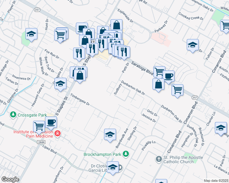 map of restaurants, bars, coffee shops, grocery stores, and more near 6733 Sudbury in Corpus Christi