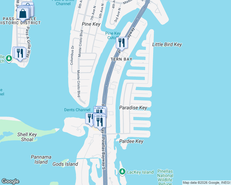 map of restaurants, bars, coffee shops, grocery stores, and more near 903 Pinellas Bayway South in Tierra Verde