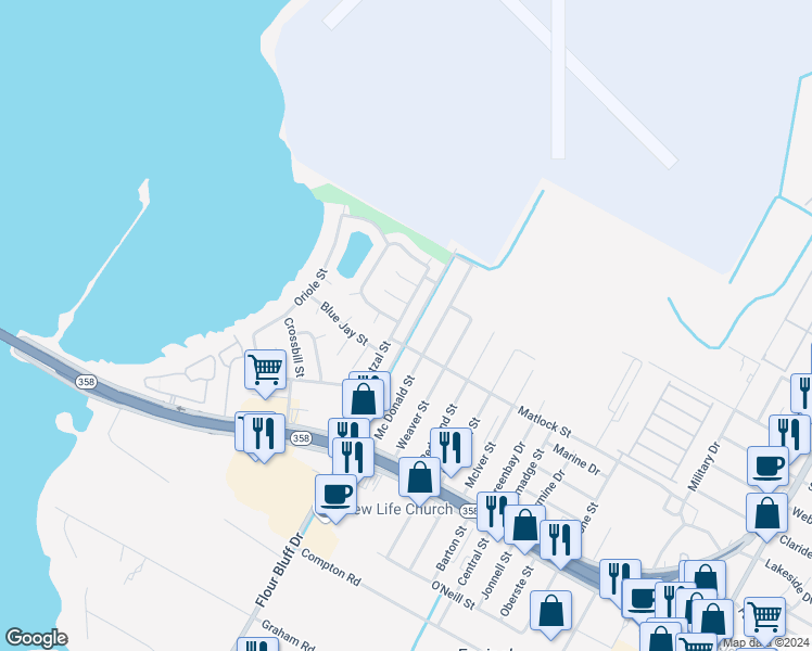map of restaurants, bars, coffee shops, grocery stores, and more near 853 Quetzal Street in Corpus Christi