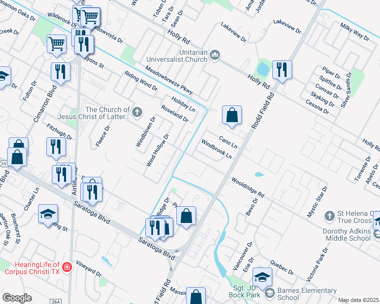 map of restaurants, bars, coffee shops, grocery stores, and more near 2429 Woodway Dr in Corpus Christi