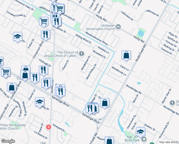 map of restaurants, bars, coffee shops, grocery stores, and more near 2521 Wind Hollow Drive in Corpus Christi