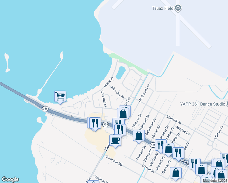 map of restaurants, bars, coffee shops, grocery stores, and more near 9531 Blue Jay Street in Corpus Christi