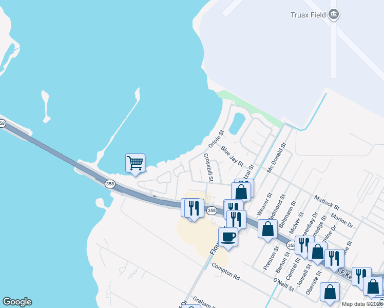 map of restaurants, bars, coffee shops, grocery stores, and more near 958 Oriole Street in Corpus Christi