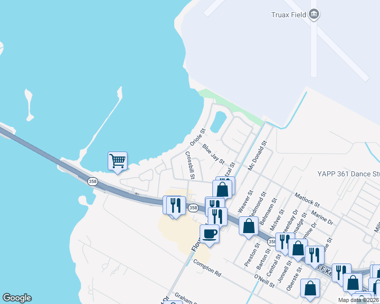 map of restaurants, bars, coffee shops, grocery stores, and more near 901 Crossbill Street in Corpus Christi