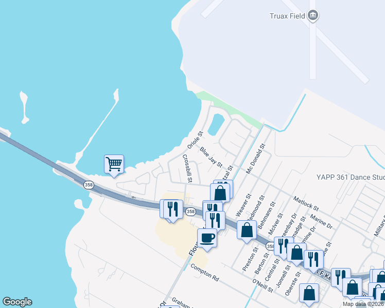 map of restaurants, bars, coffee shops, grocery stores, and more near 901 Crossbill Street in Corpus Christi