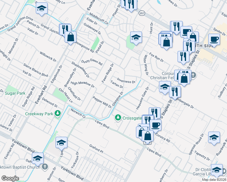 map of restaurants, bars, coffee shops, grocery stores, and more near 5214 Edinburg Circle in Corpus Christi