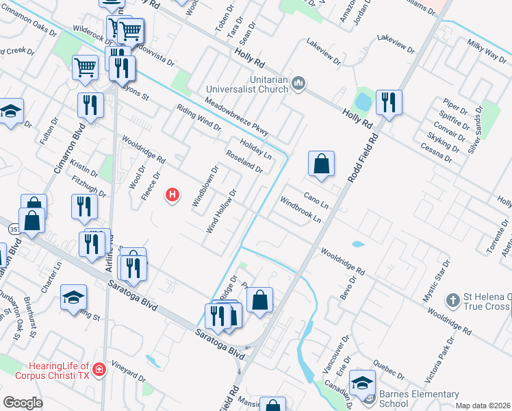 map of restaurants, bars, coffee shops, grocery stores, and more near 2429 Woodway Drive in Corpus Christi