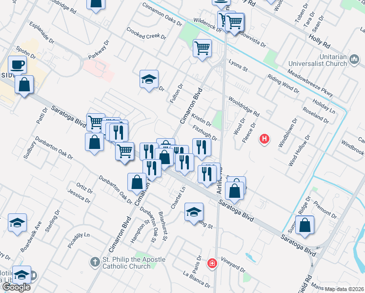 map of restaurants, bars, coffee shops, grocery stores, and more near 2802 Cimarron Boulevard in Corpus Christi