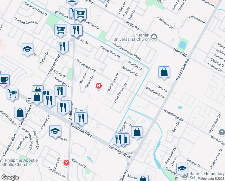 map of restaurants, bars, coffee shops, grocery stores, and more near 2525 Windrose Drive in Corpus Christi