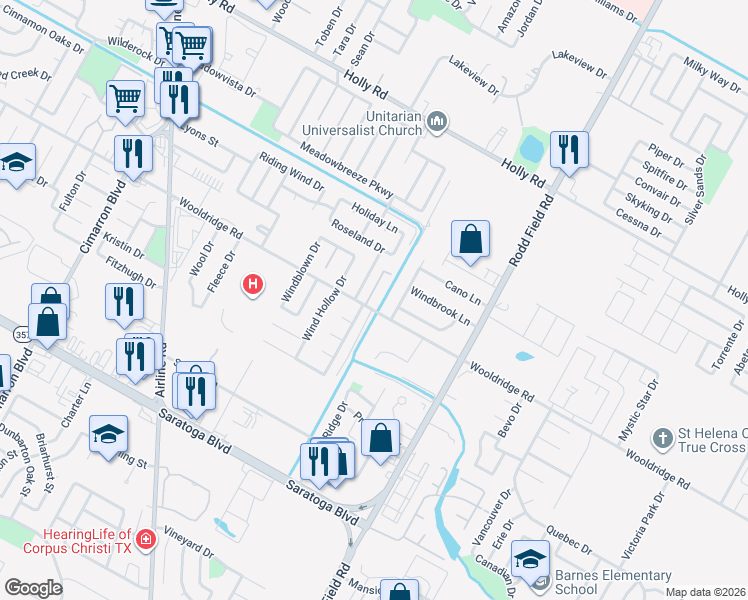 map of restaurants, bars, coffee shops, grocery stores, and more near 2429 Woodway Drive in Corpus Christi