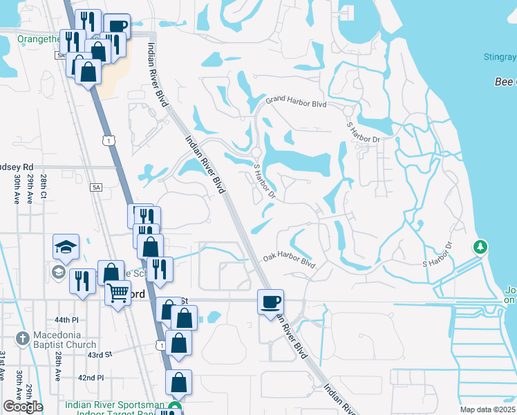 map of restaurants, bars, coffee shops, grocery stores, and more near 2035 Bridgepointe Circle in Vero Beach