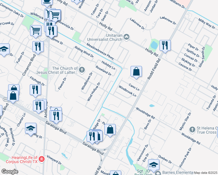 map of restaurants, bars, coffee shops, grocery stores, and more near 2429 Woodway Drive in Corpus Christi