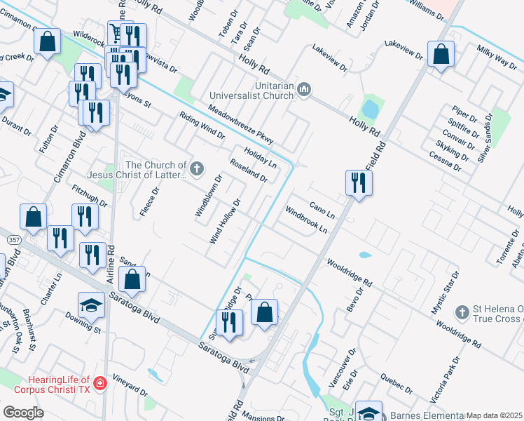 map of restaurants, bars, coffee shops, grocery stores, and more near 2429 Woodway Drive in Corpus Christi