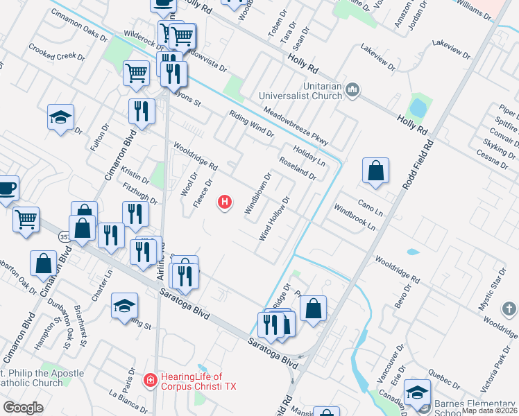 map of restaurants, bars, coffee shops, grocery stores, and more near 2521 Wind Hollow Drive in Corpus Christi