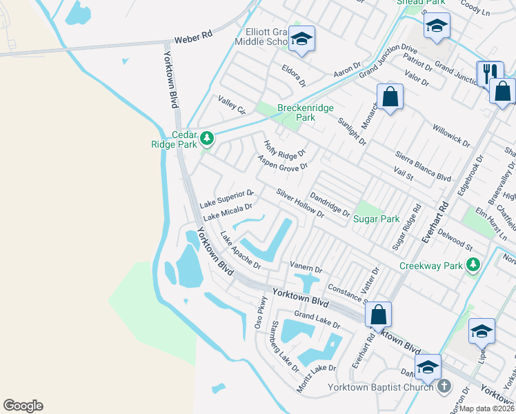 map of restaurants, bars, coffee shops, grocery stores, and more near 7501 Lake Travis Drive in Corpus Christi