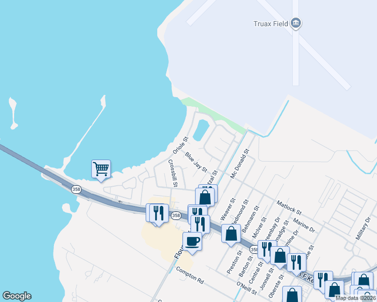 map of restaurants, bars, coffee shops, grocery stores, and more near 9502 Snowfinch Circle in Corpus Christi