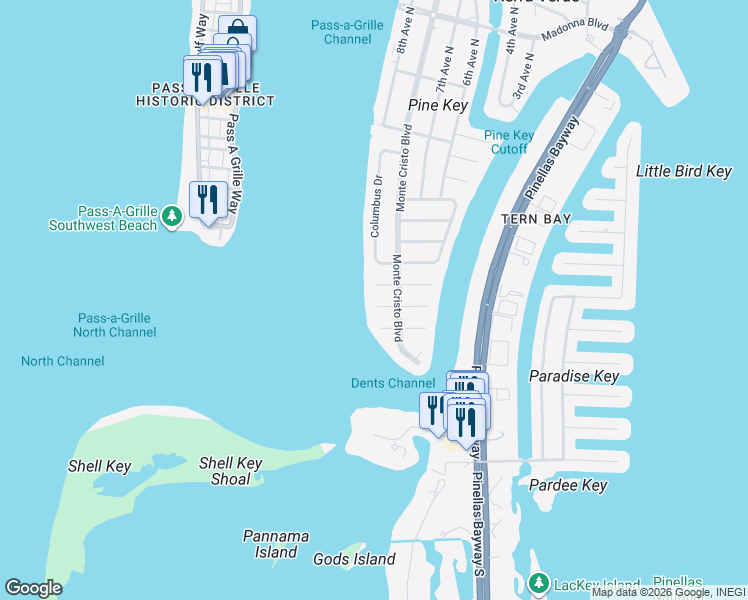map of restaurants, bars, coffee shops, grocery stores, and more near 723 Pinta Drive in Saint Petersburg