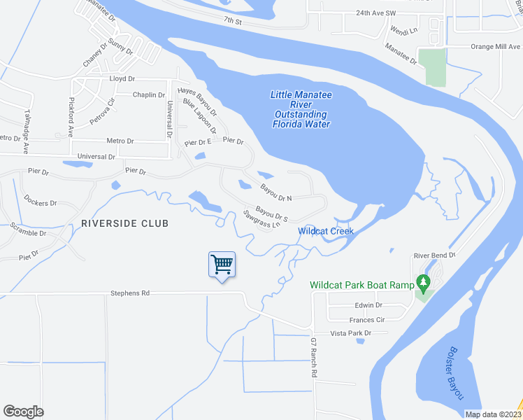 map of restaurants, bars, coffee shops, grocery stores, and more near Bayou Drive South in Ruskin