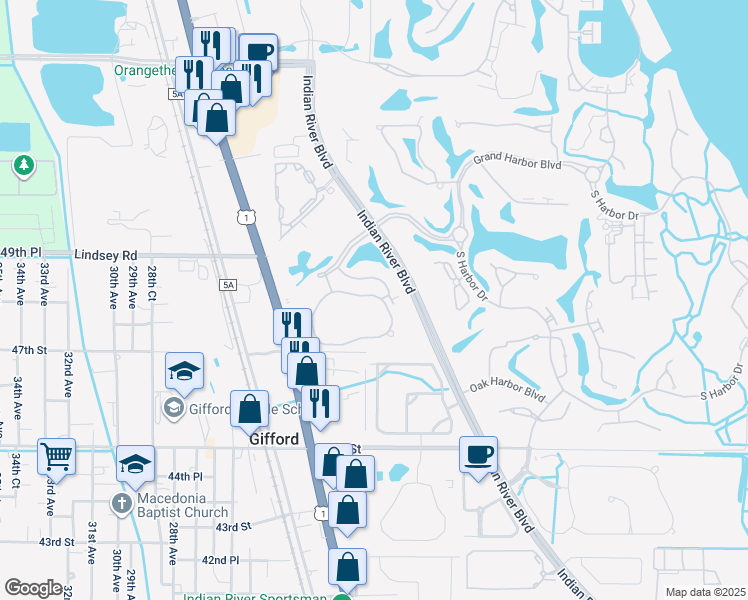 map of restaurants, bars, coffee shops, grocery stores, and more near 2114 Falls Circle in Vero Beach